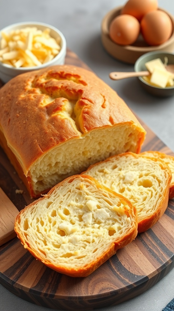 Simple 3-Ingredient Carnivore Bread Recipe Sliced carnivore bread on a wooden cutting board, showcasing a golden crust and cheesy texture.